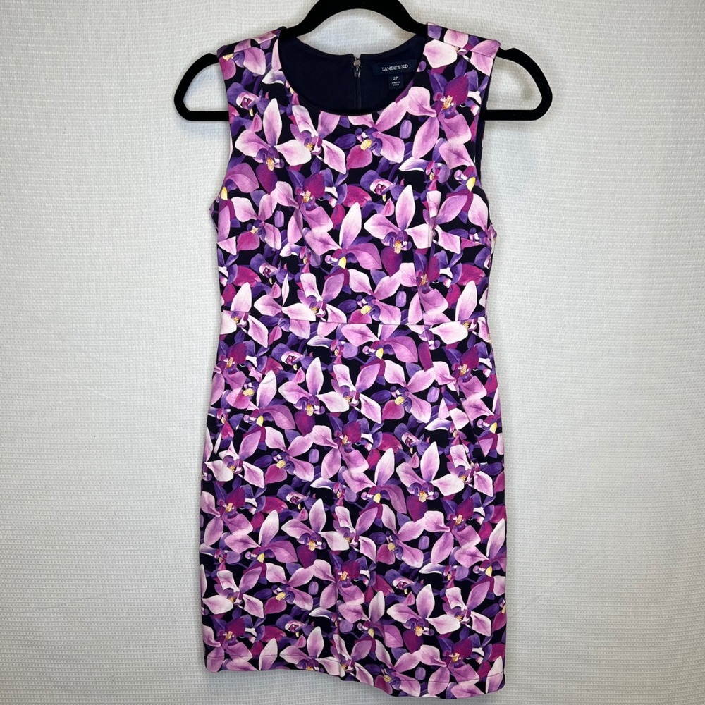 Lands End Womens 2P Purple Orchid Floral Sleeveless Sheath Dress Pockets